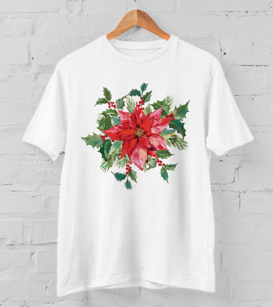 Watercolor Christmas Poinsettia With Holly Leaves And Berries T-Shirt