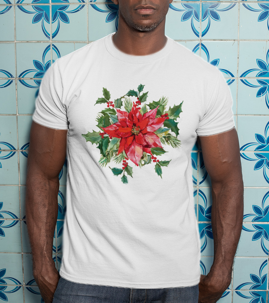 Watercolor Christmas Poinsettia With Holly Leaves And Berries T-Shirt