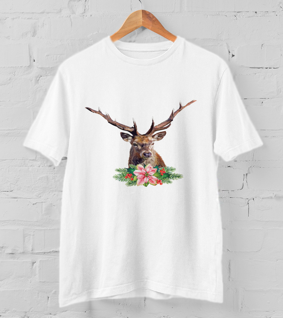 Watercolor Christmas Reindeer With Poinsettia And Pine Branches T-Shirt