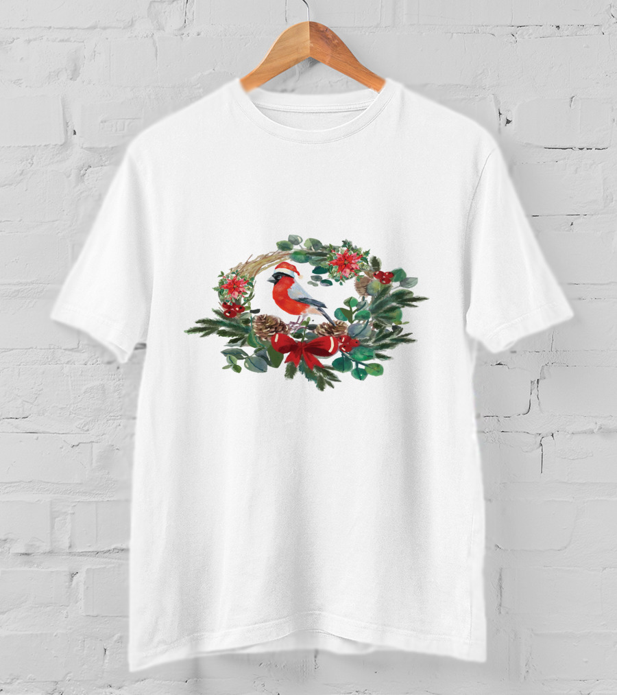 Watercolor Christmas Wreath With Bird And Holiday Decorations T-Shirt