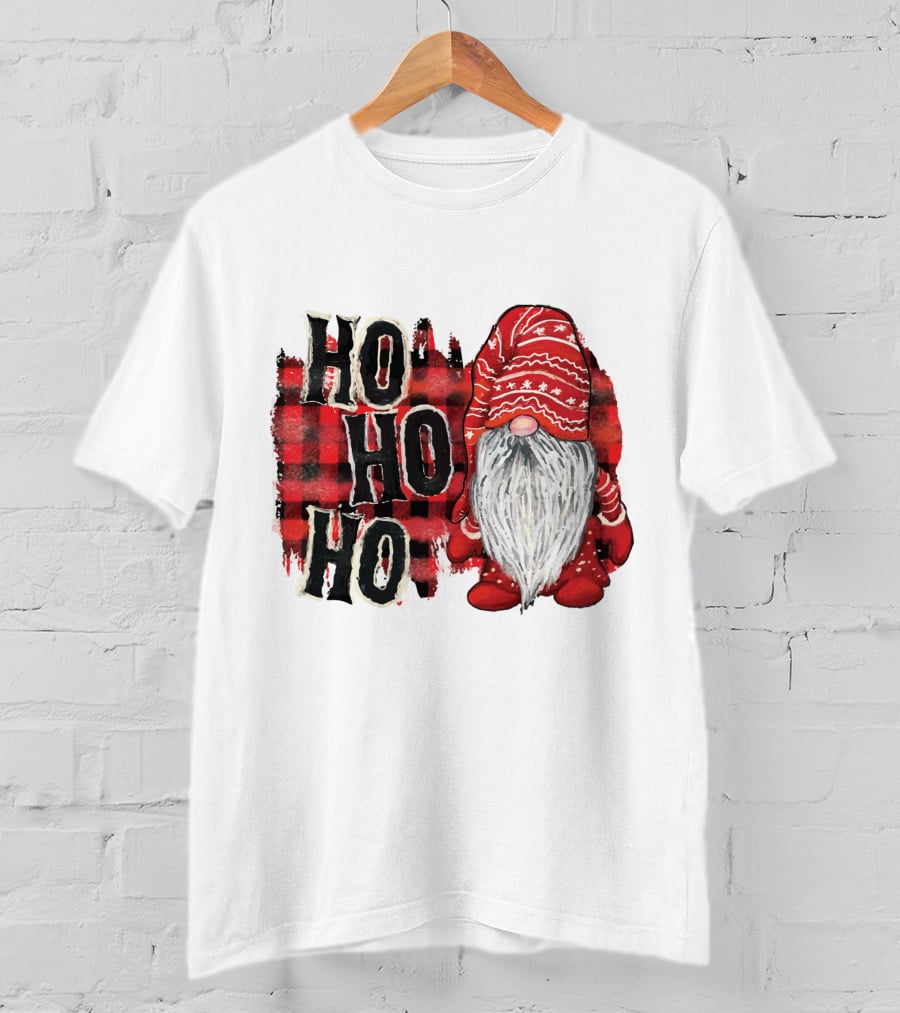 Watercolor Plaid Christmas Gnome Ho Ho Ho Red Holiday T-Shirt