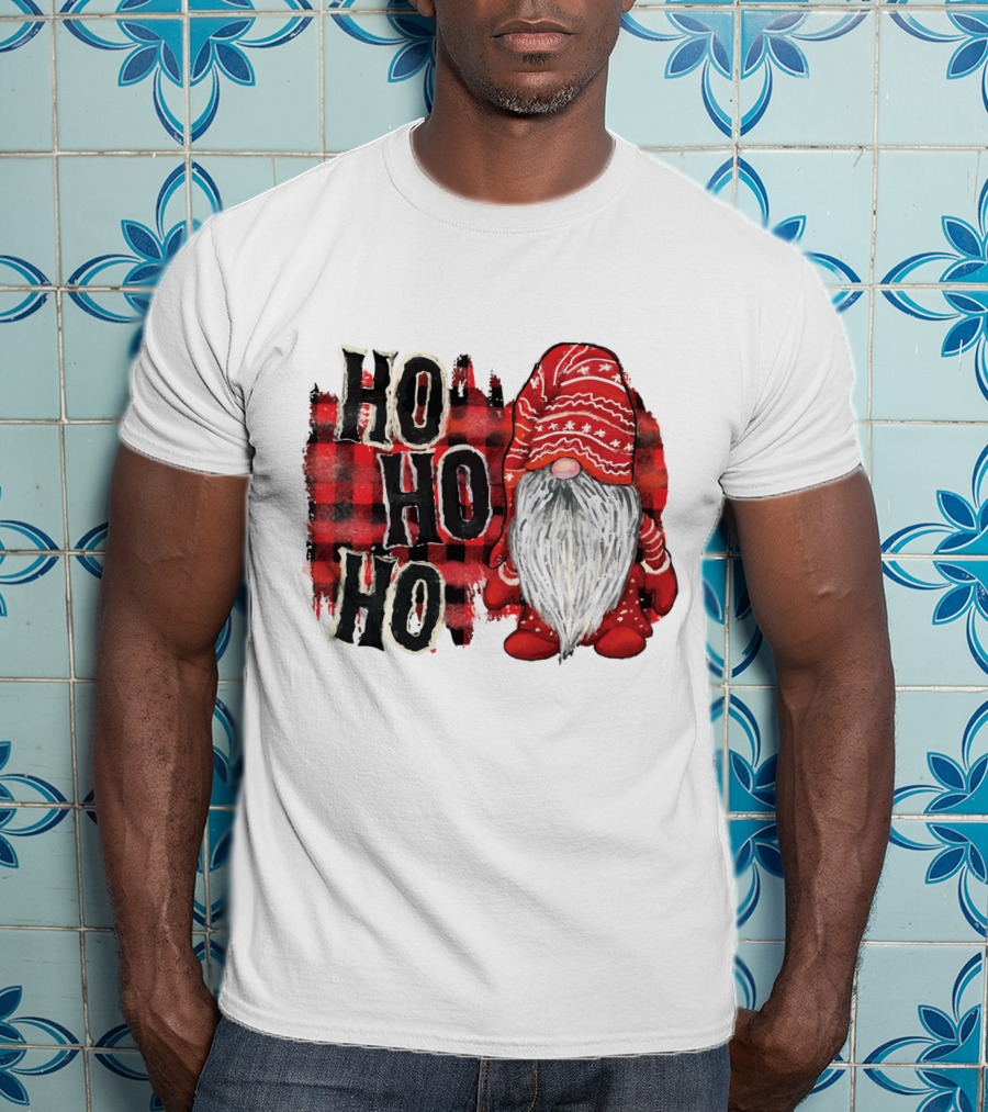 Watercolor Plaid Christmas Gnome Ho Ho Ho Red Holiday T-Shirt