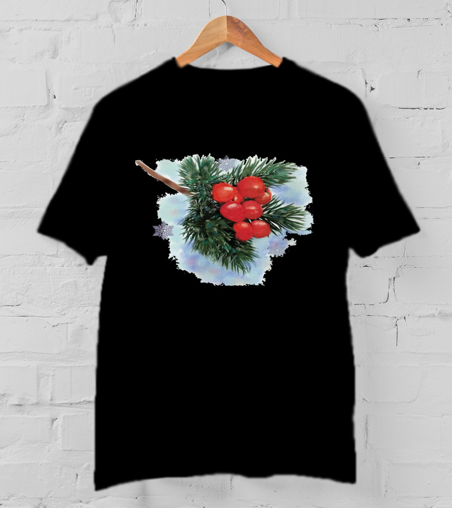 Watercolor Holiday Christmas Holly Berries Branch Pine Needles T-Shirt