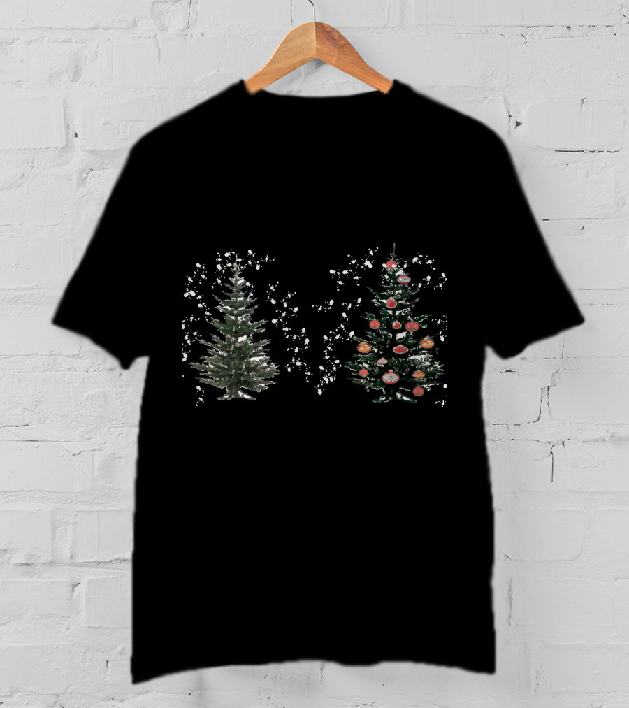 Watercolor Christmas Trees Snowy Evergreen With Red Ornaments T-Shirt