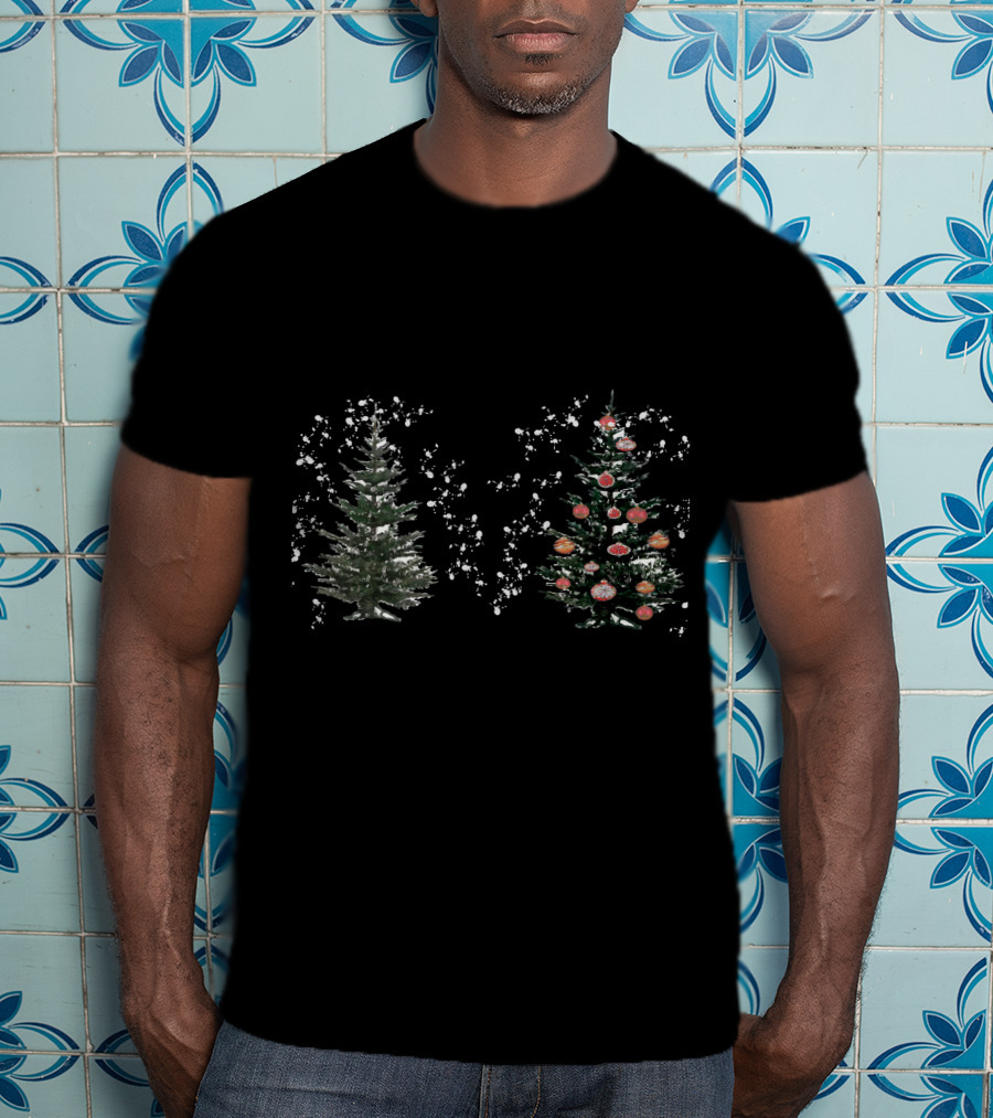 Watercolor Christmas Trees Snowy Evergreen With Red Ornaments T-Shirt