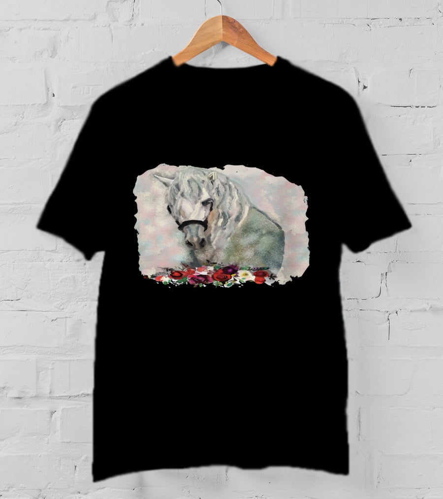Watercolor White Horse With Floral Accents T-Shirt