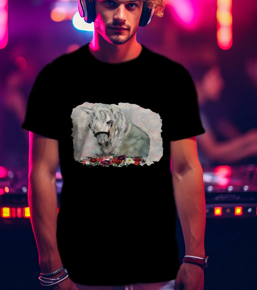 Watercolor White Horse With Floral Accents T-Shirt