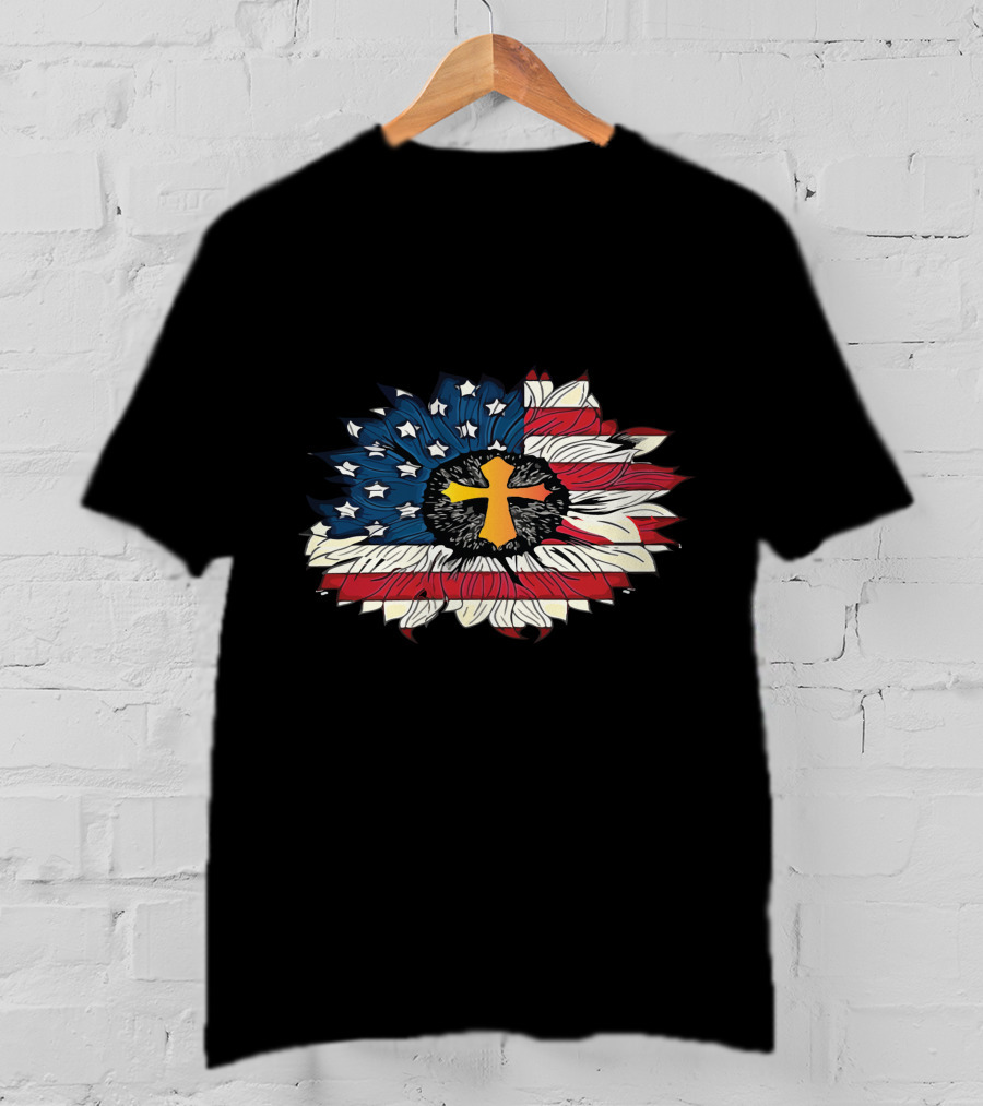 American Flag Cross Floral Design Sunflower Center T-Shirt