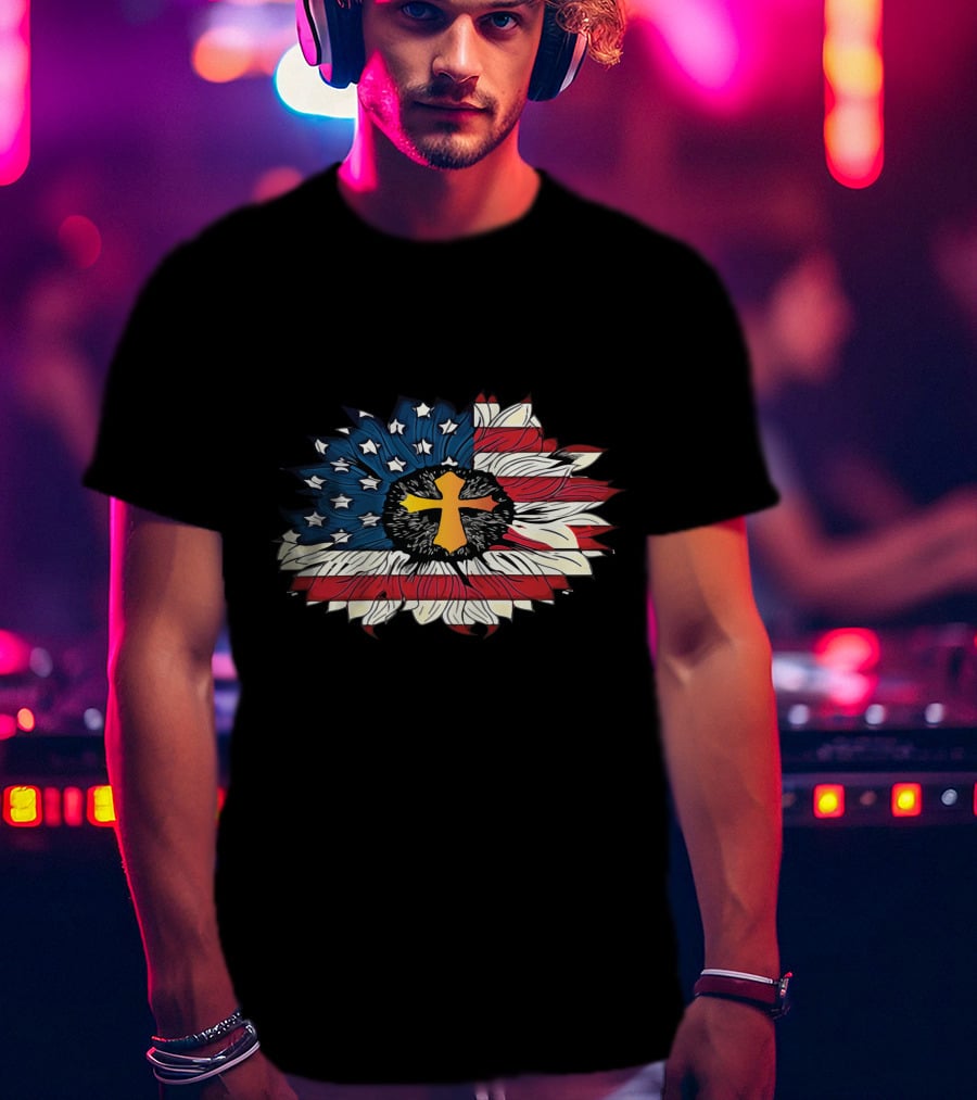 American Flag Cross Floral Design Sunflower Center T-Shirt