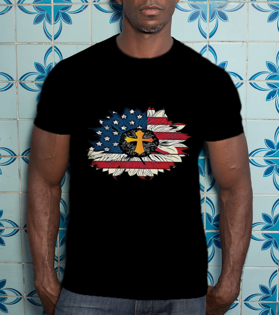 American Flag Cross Floral Design Sunflower Center T-Shirt
