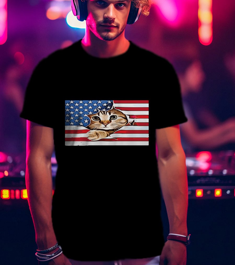 Cat Peeking Through American Flag T-Shirt