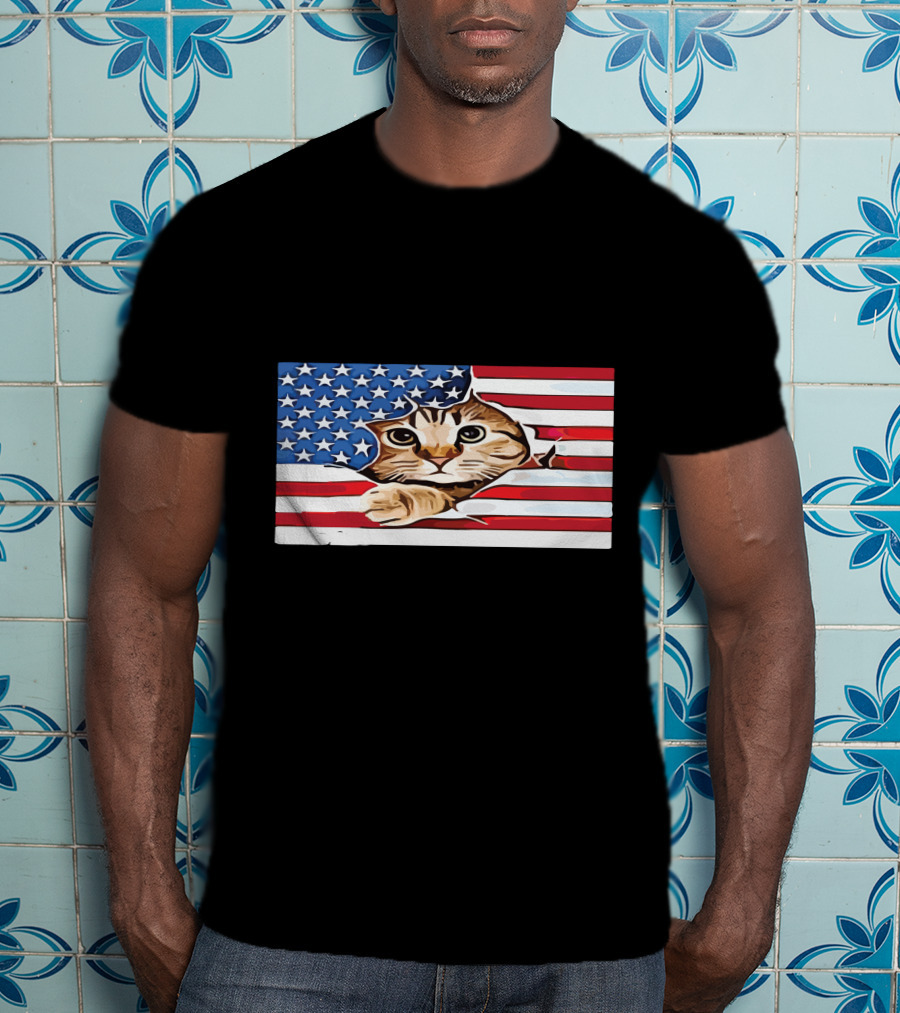 Cat Peeking Through American Flag T-Shirt