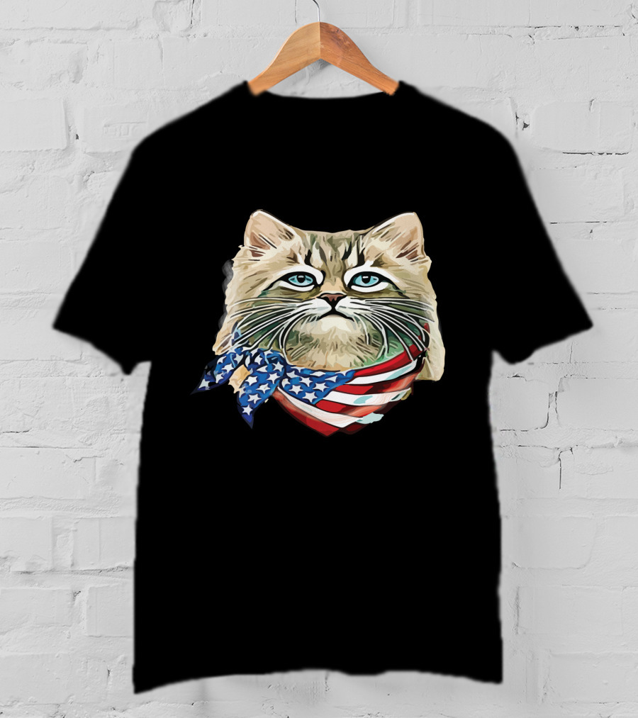 Fluffy Cat Wearing Stars And Stripes Flag Bandana T-Shirt