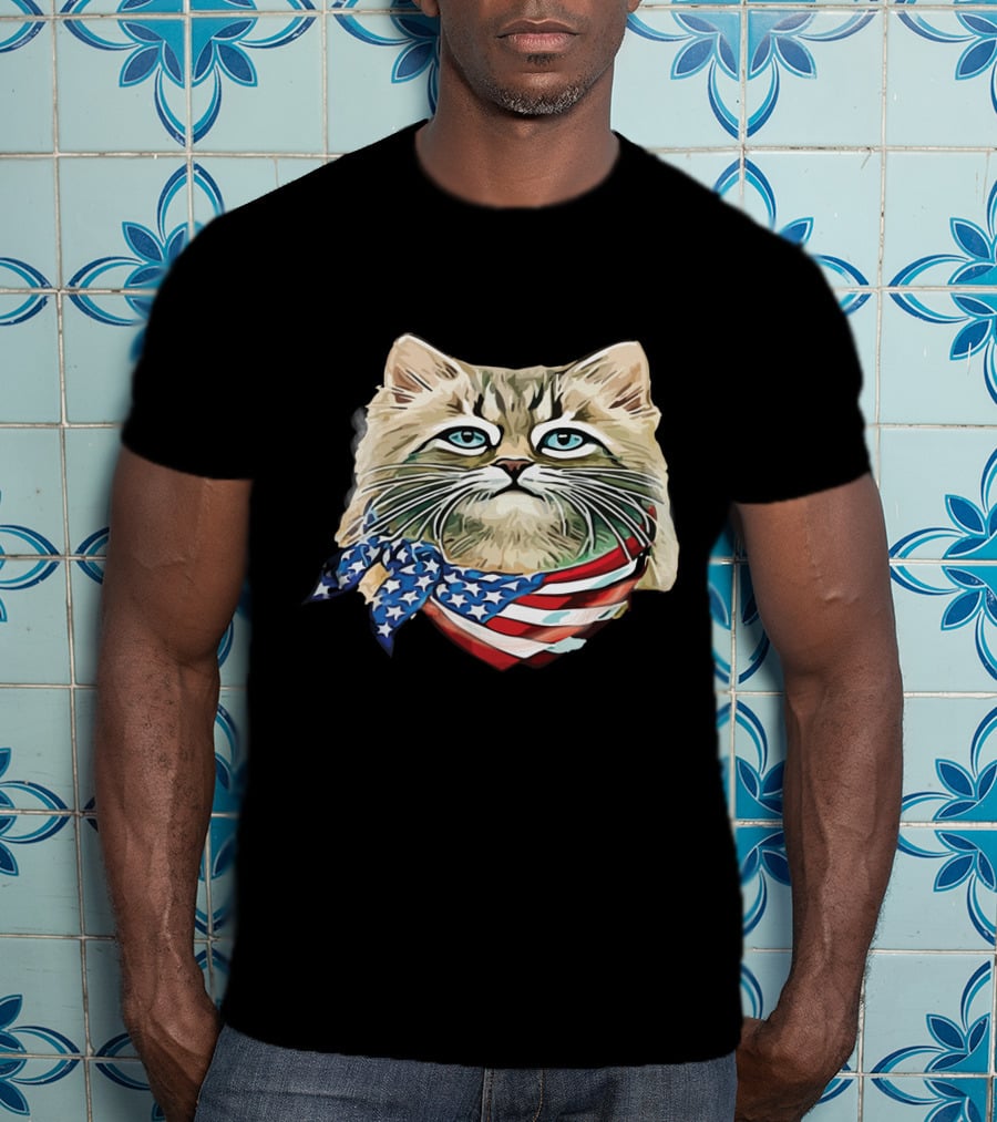 Fluffy Cat Wearing Stars And Stripes Flag Bandana T-Shirt