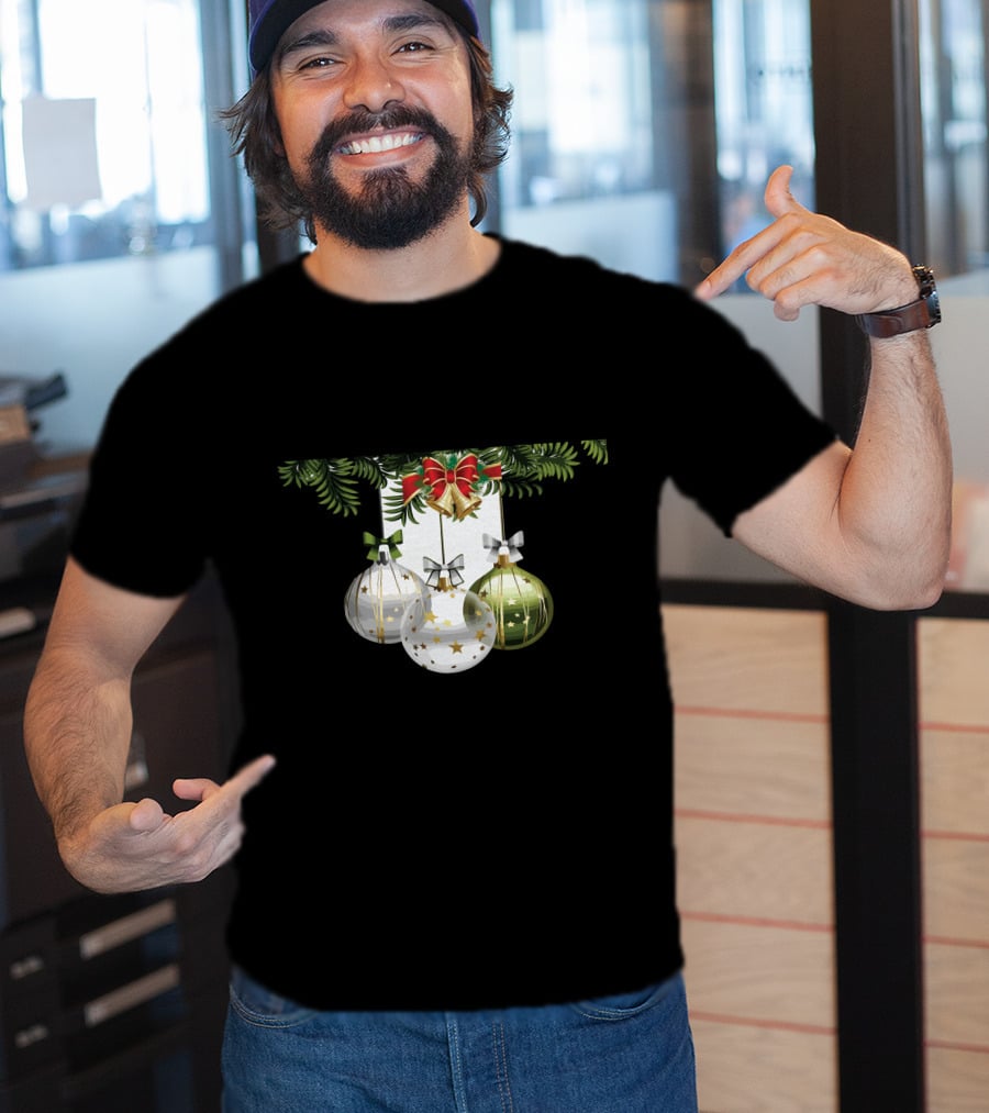 Holiday Christmas Balls Evergreen Branches Ribbons T-Shirt