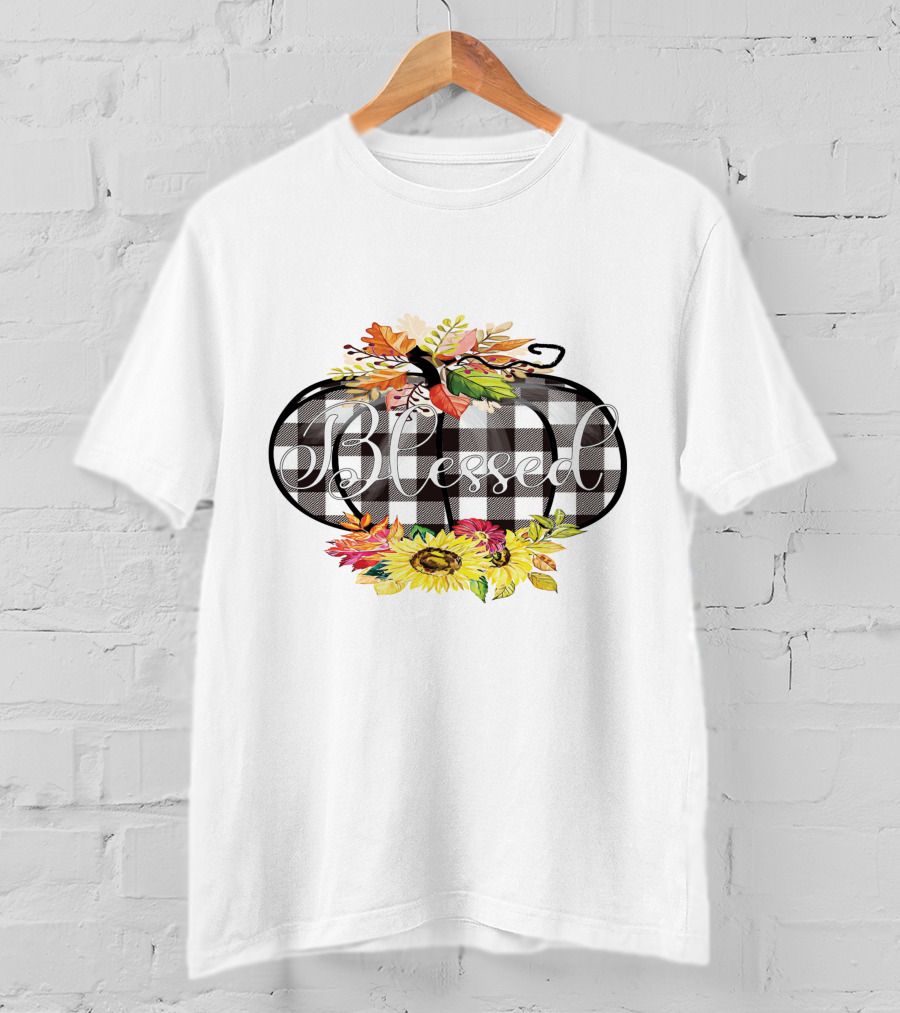 Blessed Buffalo Plaid Pumpkin With Sunflowers And Autumn Leaves T-Shirt