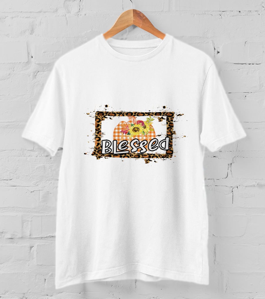 Blessed Leopard Frame Plaid Pumpkin Sunflowers T-Shirt