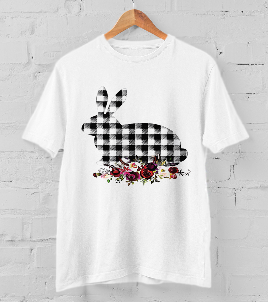 Bunny Black White Plaid Floral Roses T-Shirt