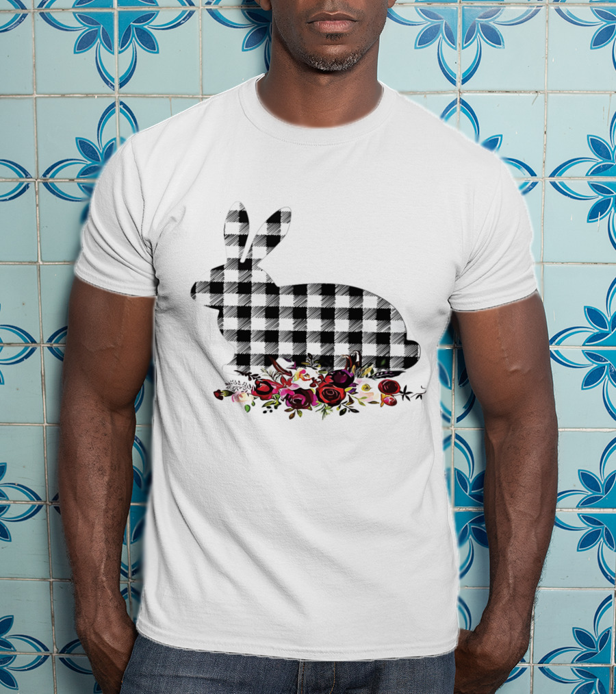 Bunny Black White Plaid Floral Roses T-Shirt