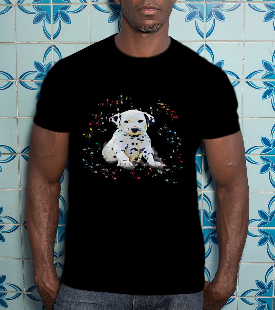 Dalmatian Puppy Surrounded By Splashes Of Colorful Snow T-Shirt