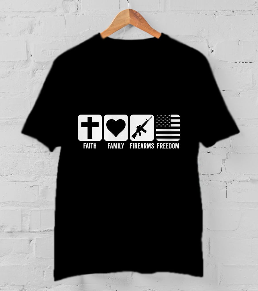 Faith Family Firearms And Freedom Cross Heart Rifle American Flag T-Shirt