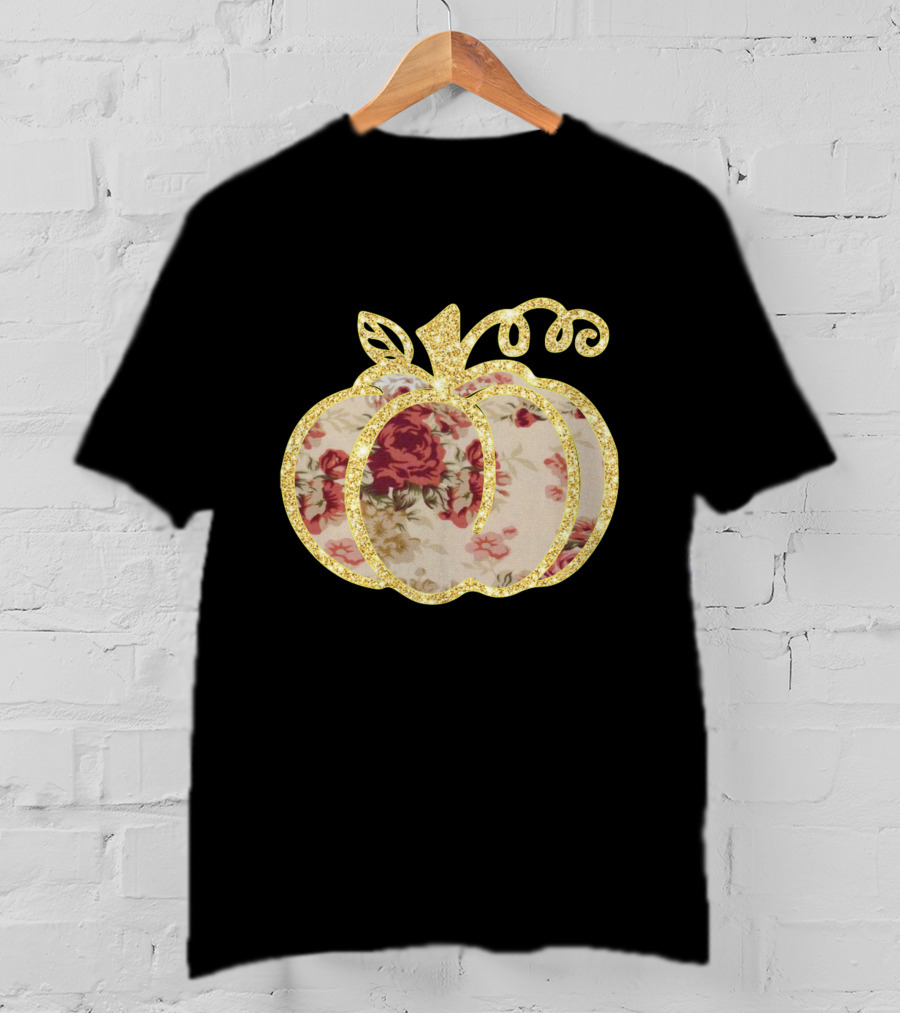 Glitter Floral Pumpkin Gold Trim T-Shirt
