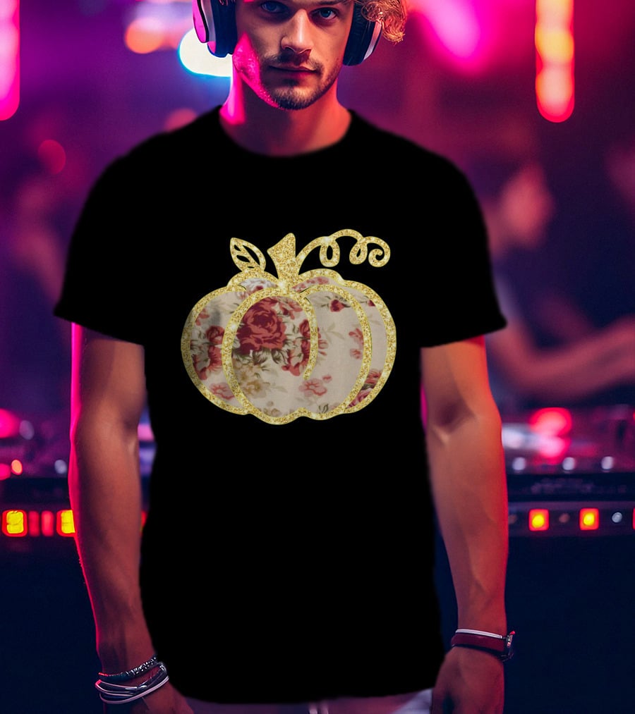 Glitter Floral Pumpkin Gold Trim T-Shirt