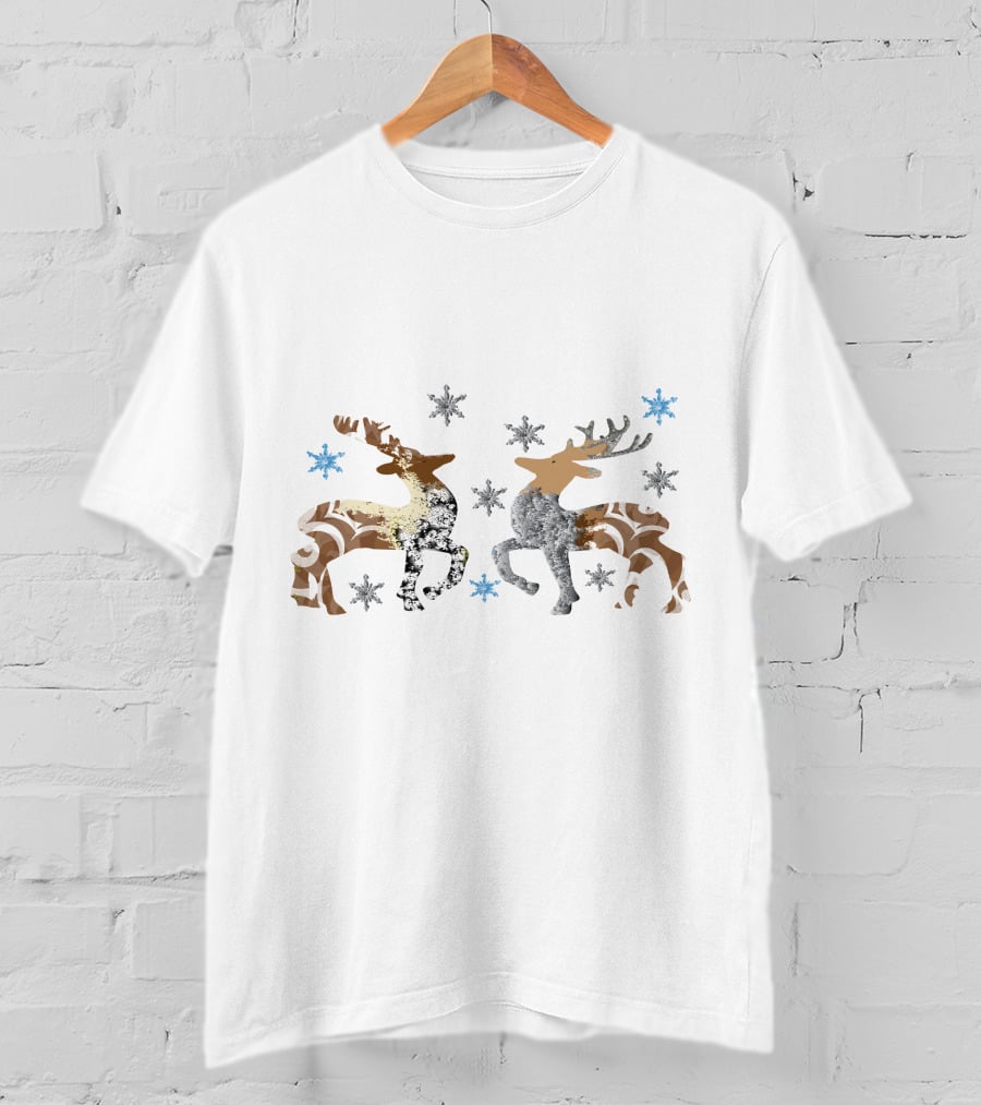 Christmas Reindeer Stone Snowflakes Brown And Silver T-Shirt