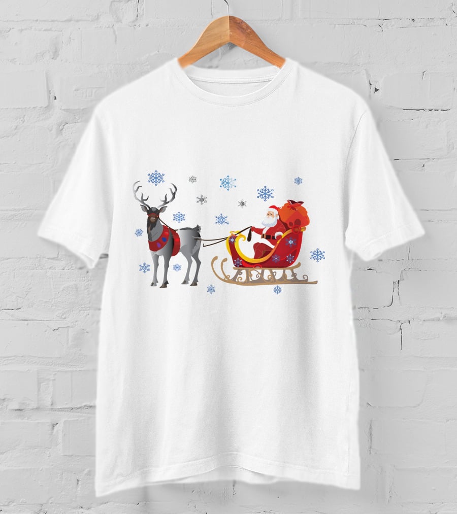 Christmas Santa With Reindeer And Sleigh Surrounded By Snowflakes T-Shirt
