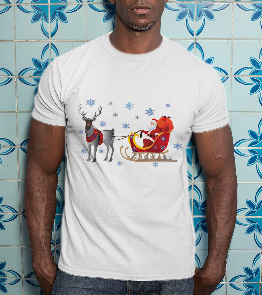 Christmas Santa With Reindeer And Sleigh Surrounded By Snowflakes T-Shirt