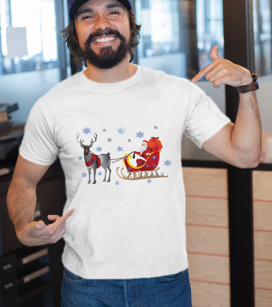Christmas Santa With Reindeer And Sleigh Surrounded By Snowflakes T-Shirt