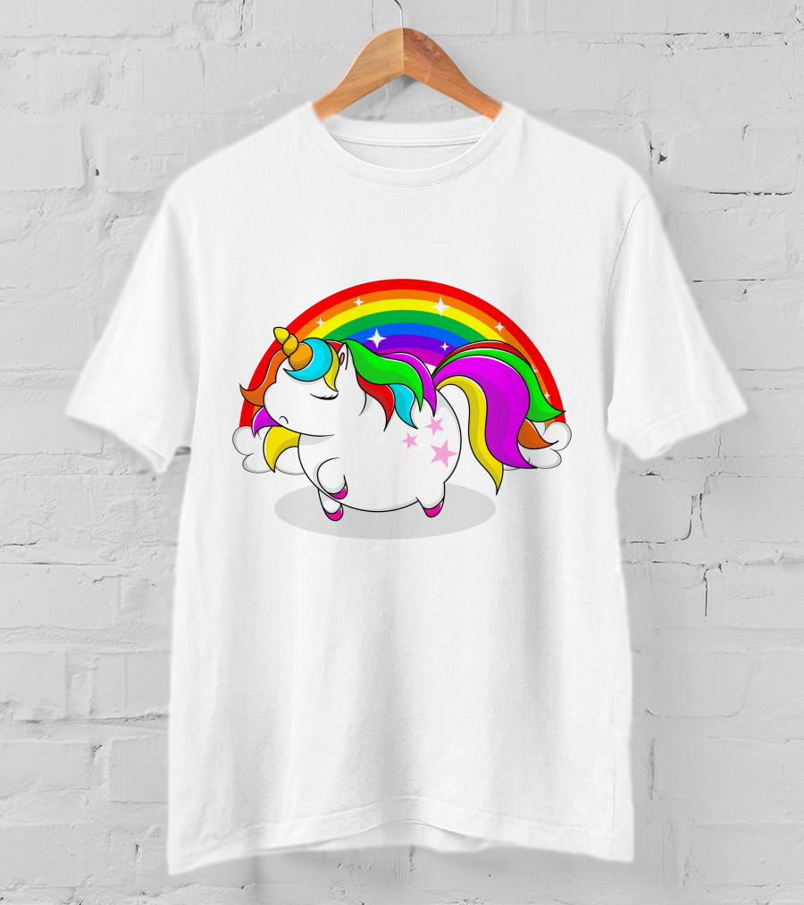 Cute Fat Unicorn With Rainbow Mane And Stars T-Shirt