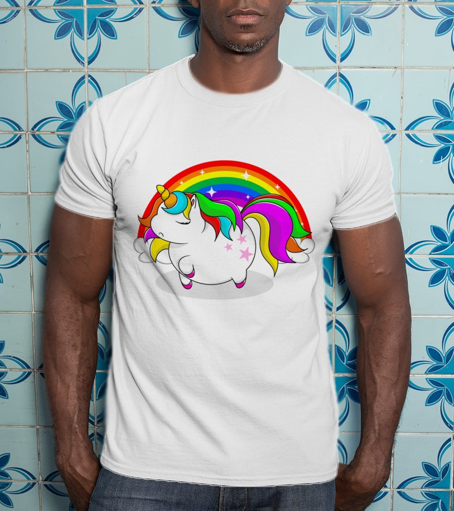 Cute Fat Unicorn With Rainbow Mane And Stars T-Shirt