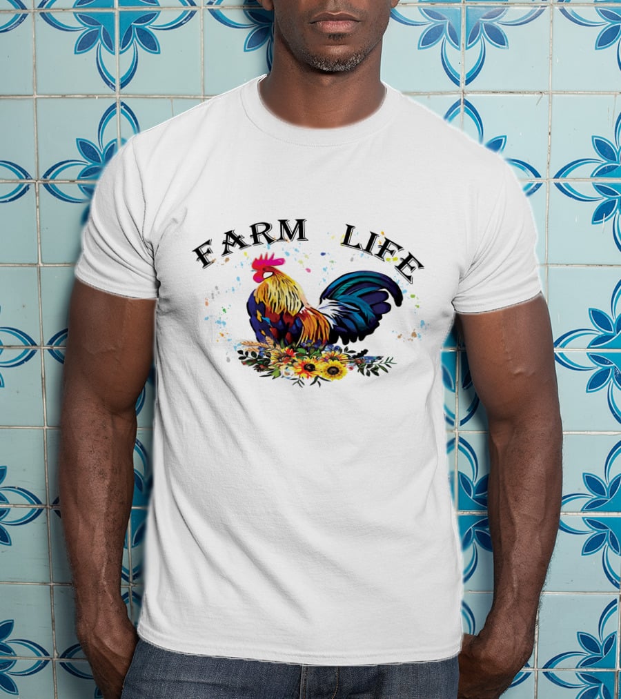 Farm Life Colorful Rooster Floral T-Shirt