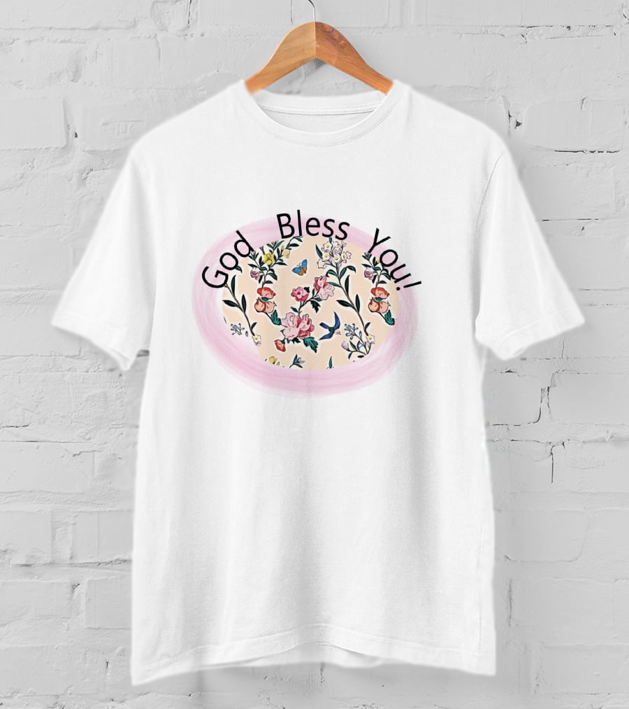God Bless You Floral Pattern With Butterfly And Bird Motif T-Shirt