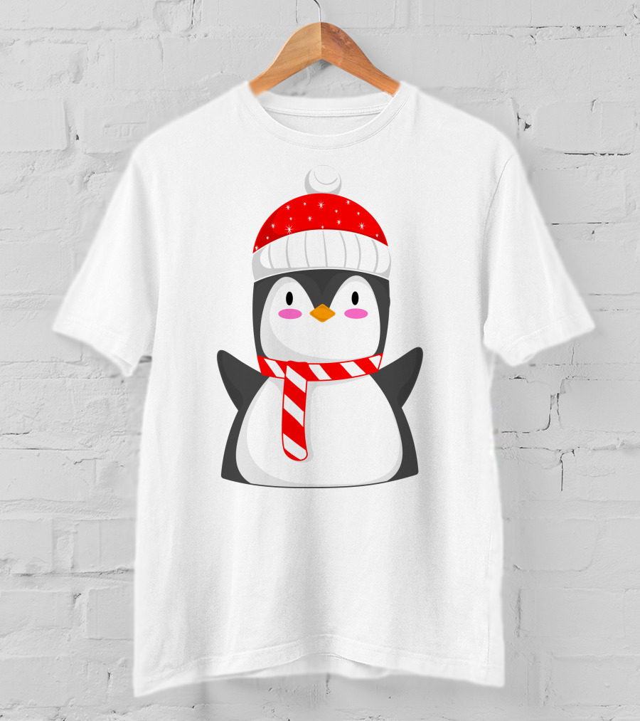 Pinguine Wearing Red Hat And Scarf Resembling A Snowman T-Shirt