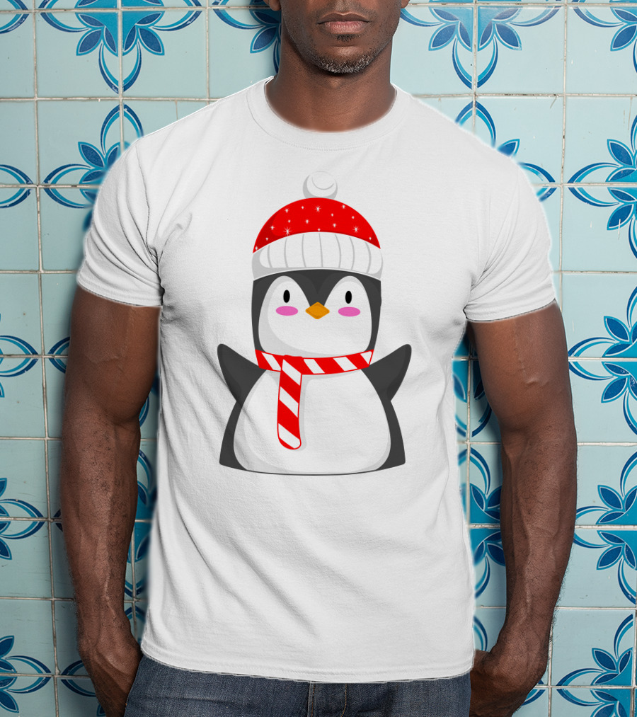 Pinguine Wearing Red Hat And Scarf Resembling A Snowman T-Shirt
