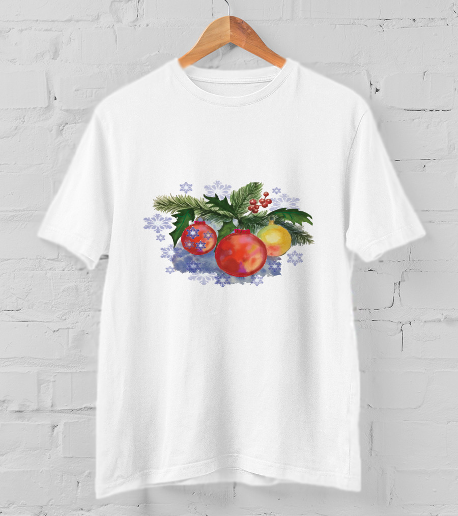 Watercolor Christmas Balls Ornaments With Pine Leaves And Snowflakes T-Shirt