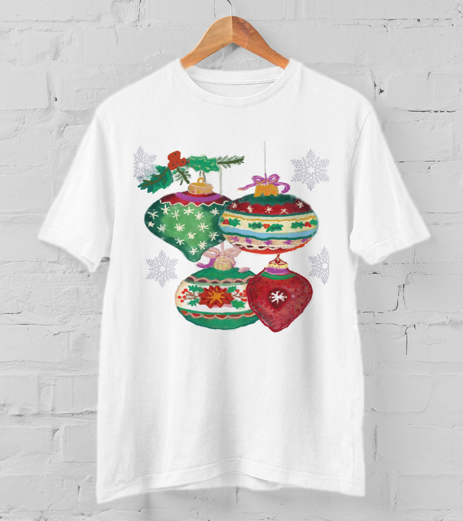 Watercolor Christmas Balls Snowflake Ornaments With Holly And Ribbon Accents T-Shirt