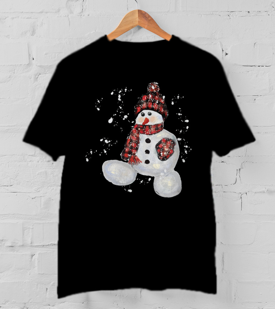 Watercolor Snowman Buffalo Plaid Hat And Scarf With Snowflakes T-Shirt