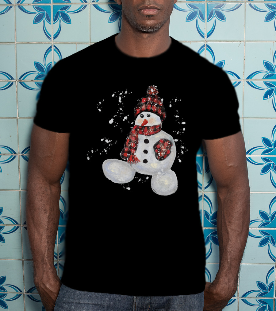Watercolor Snowman Buffalo Plaid Hat And Scarf With Snowflakes T-Shirt