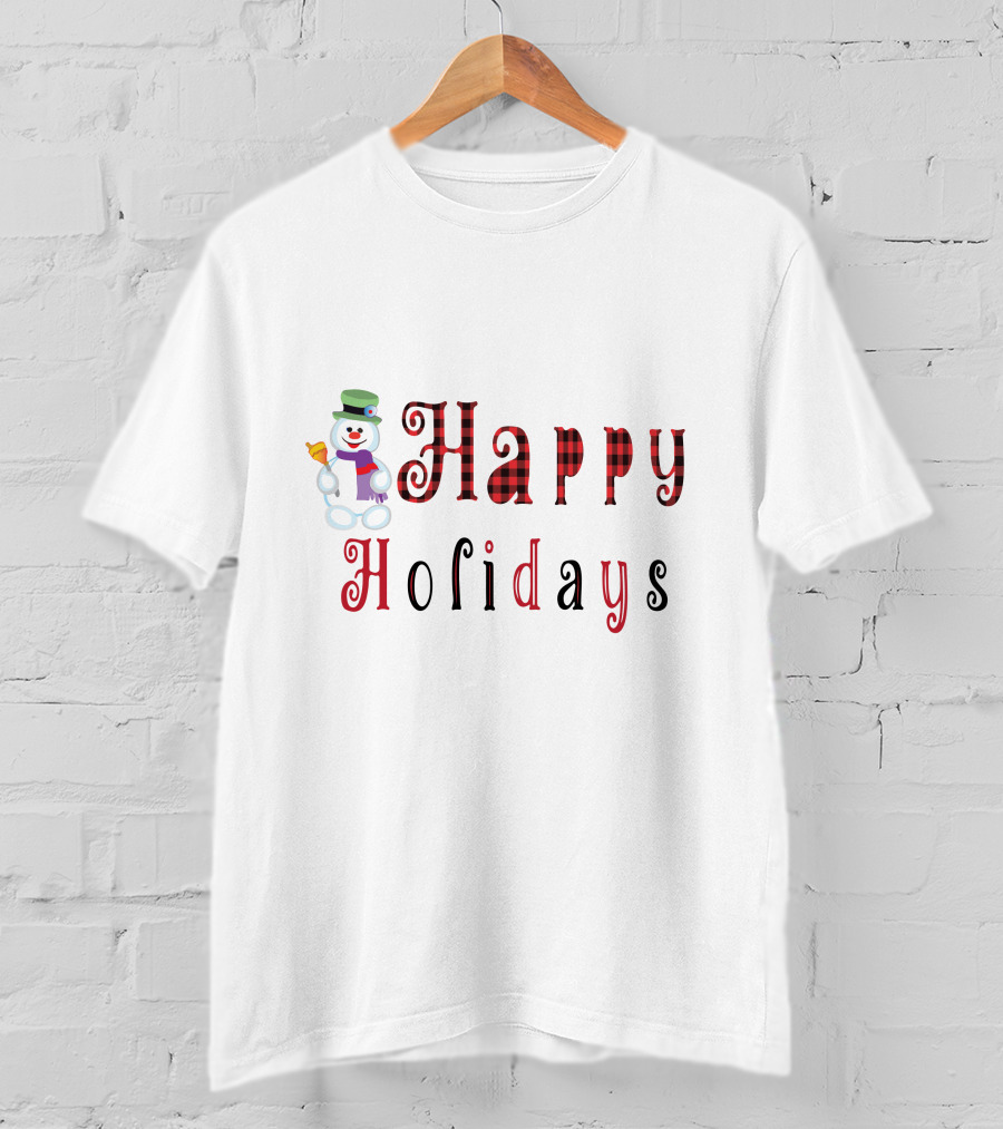 Happy Holidays Christmas Snowman With Plaid Letters T-Shirt