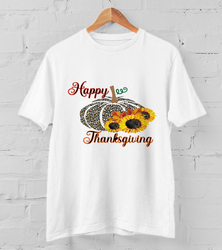 Happy Thanksgiving Leopard Print Pumpkin Sunflowers T-Shirt