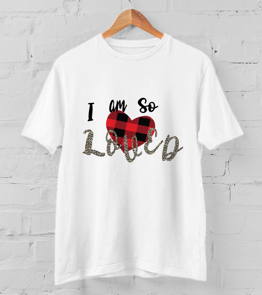 I Am So Loved Valentines Day Buffalo Plaid Heart Leopard Print T-Shirt