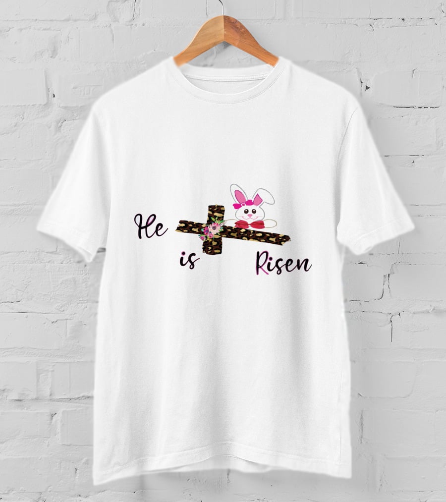 He Is Risen Leopard Print Cross Easter Bunny T-Shirt
