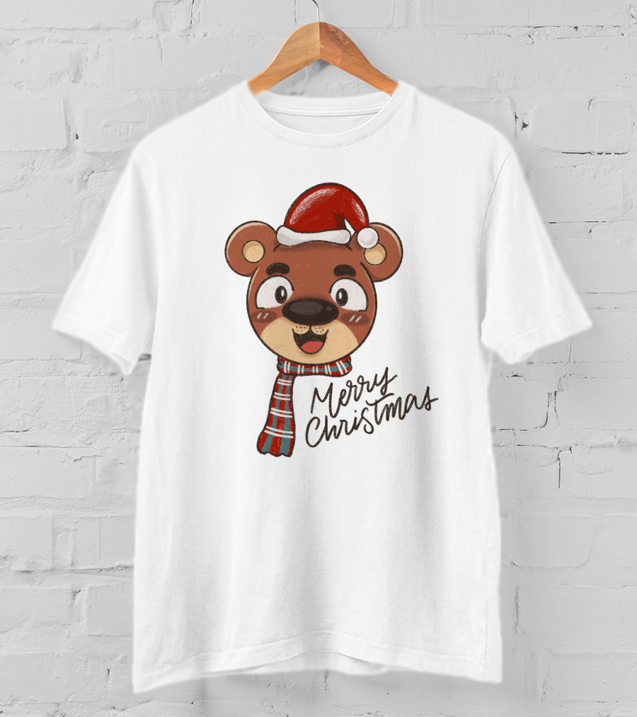 Merry Christmas Bear Wearing Santa Hat And Scarf T-Shirt