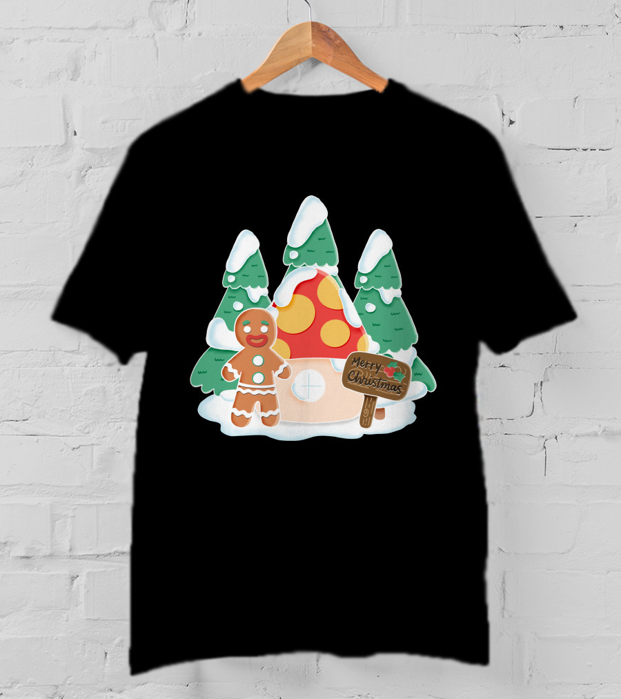 Merry Christmas Gingerman House With Snowy Trees And Mushroom Roof T-Shirt