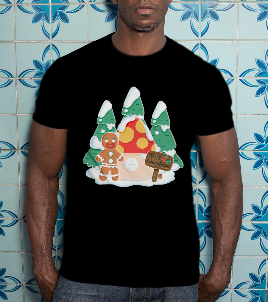 Merry Christmas Gingerman House With Snowy Trees And Mushroom Roof T-Shirt