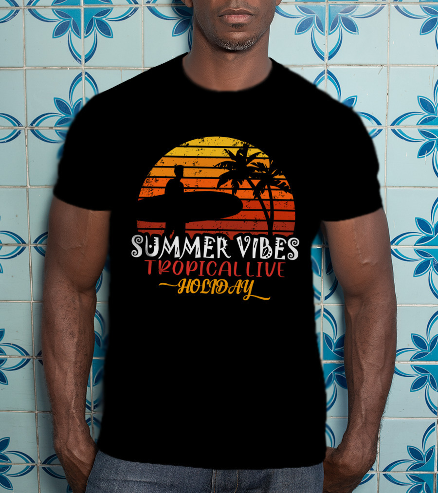 Summer Vibes Tropical Live Holiday Surfer Sunset Palms T-Shirt