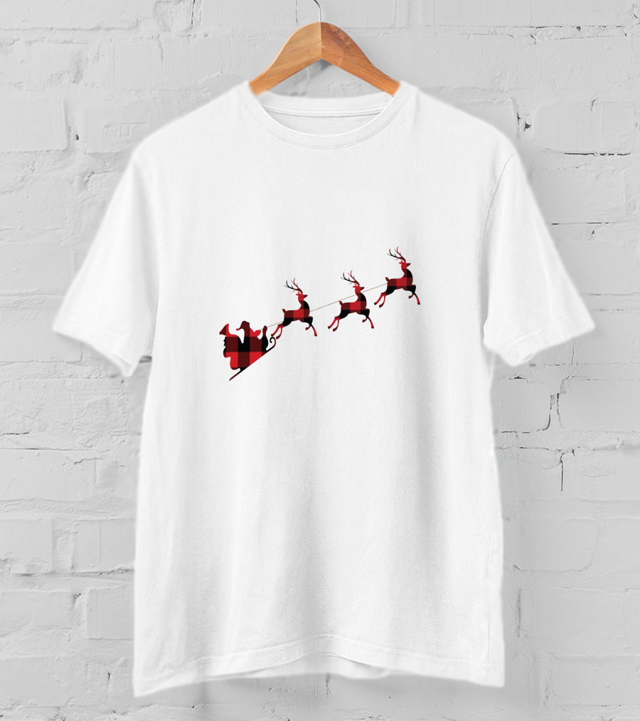 Buffalo Plaid Santa's Sleigh And Reindeers T-Shirt